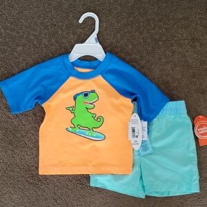 Baby Toddler RASHGUARD SWIM Set Surfing Dinosaur Shirt & Trunks Size 12 18 Mo 2T